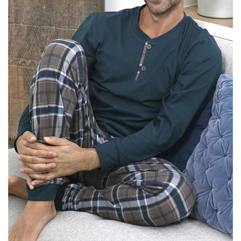 Pyjama long pour homme en coton interlock, gris mélangé