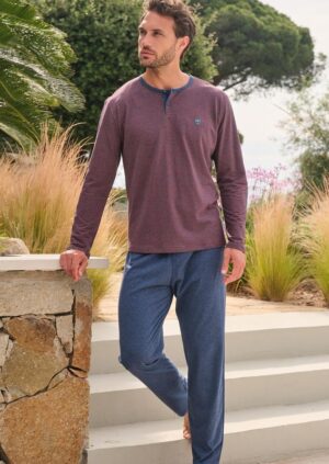 pyjama homme long MASSANA rayé orange et bleu