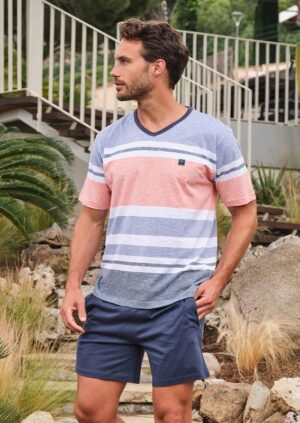 pyjama court homme MASSANA larges rayures bleu et orange