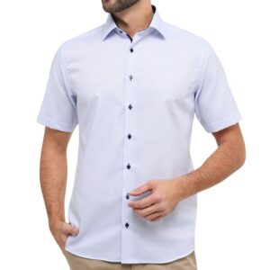 Chemise manches courtes sans repassage ETERNA pied de poule blanc et bleu