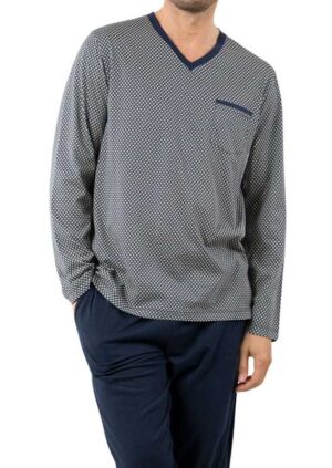 Pyjama long coton mercerisé Eminence col V bleu et beige
