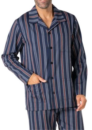 Pyjama Long veste boutonnée rayée en popeline bleu et orange EMINENCE