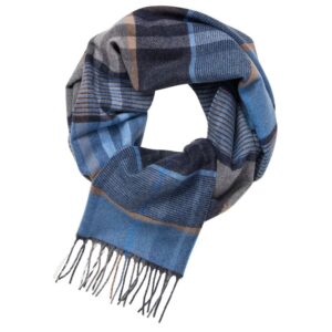 Echarpe homme 15% laine CASAMODA carreaux bleu et beige grandes franges