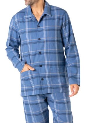 Pyjama homme forme ouverte et boutonné EMINENCE en flanelle carreaux bleus