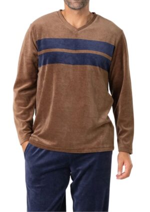 Pyjama velours EMINENCE marine et marron col V