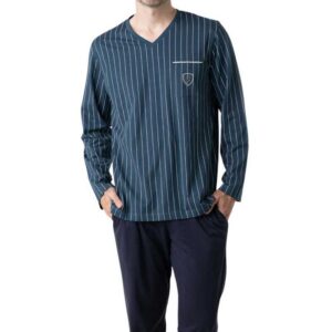 Pyjama homme col V rayé vert et pantalon bleu EMINENCE