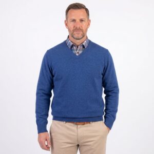 pull homme 100% lambswool col V bleu WELLINGTON OF BILMORE modèle JACKw