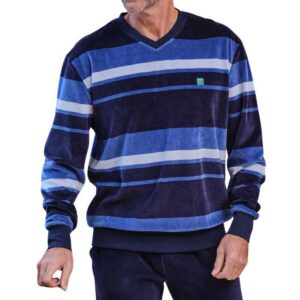 Pyjama velours jogger pour homme MASSANA haut rayé bleu
