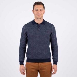 pull col polo en maille laine et coton Pierre Cardin bleu chiné