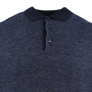 pull col polo en maille laine et coton Pierre Cardin bleu chiné